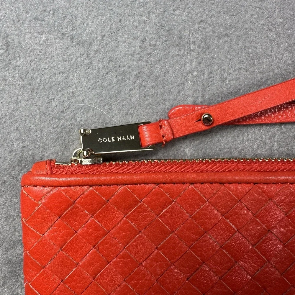 Cole Haan Red Woven Leather Wristlet Clutch Zip Pouch Handbag
